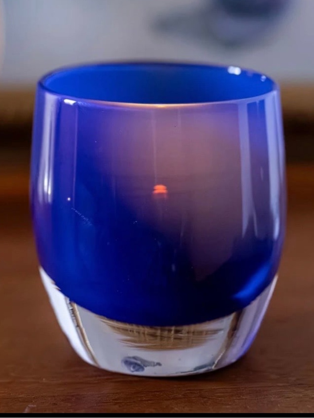 Glassybaby Forever blue glass hand blown candle holder